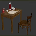 Wooden Writing Desk With Red Thermos Coffee Cups And Wooden Chair